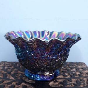Le Smith Daisy Button Ruffled Purple Iridescent Carnival Glass Candy Bowl Blue